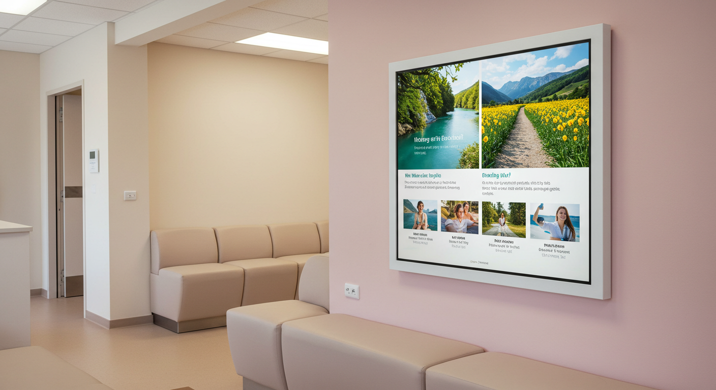 店舗や施設に設置されたデジタルサイネージに表示されるコンテンツ (推奨サイズ: 幅1200px以上)