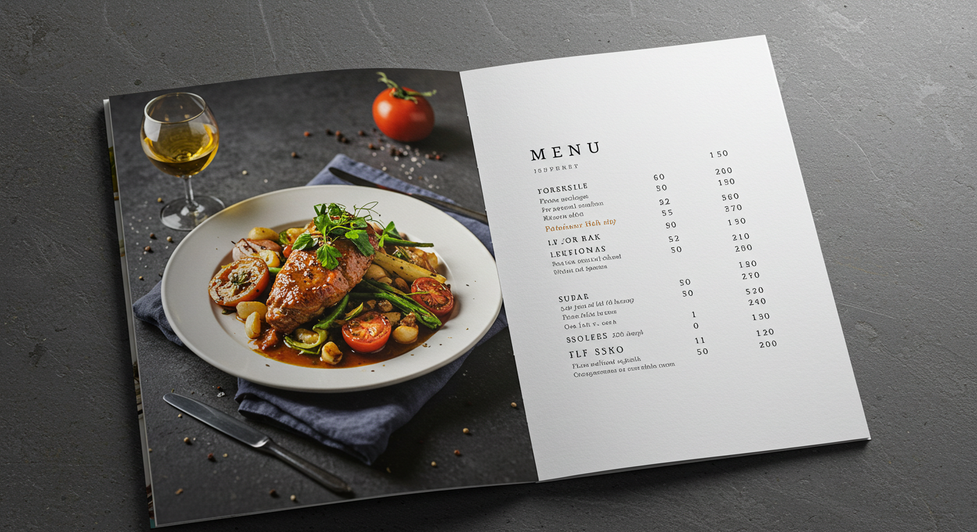 美味しそうな料理写真が並ぶ飲食店のメニューブックデザイン (推奨サイズ: 幅1000px以上, アスペクト比4:3)