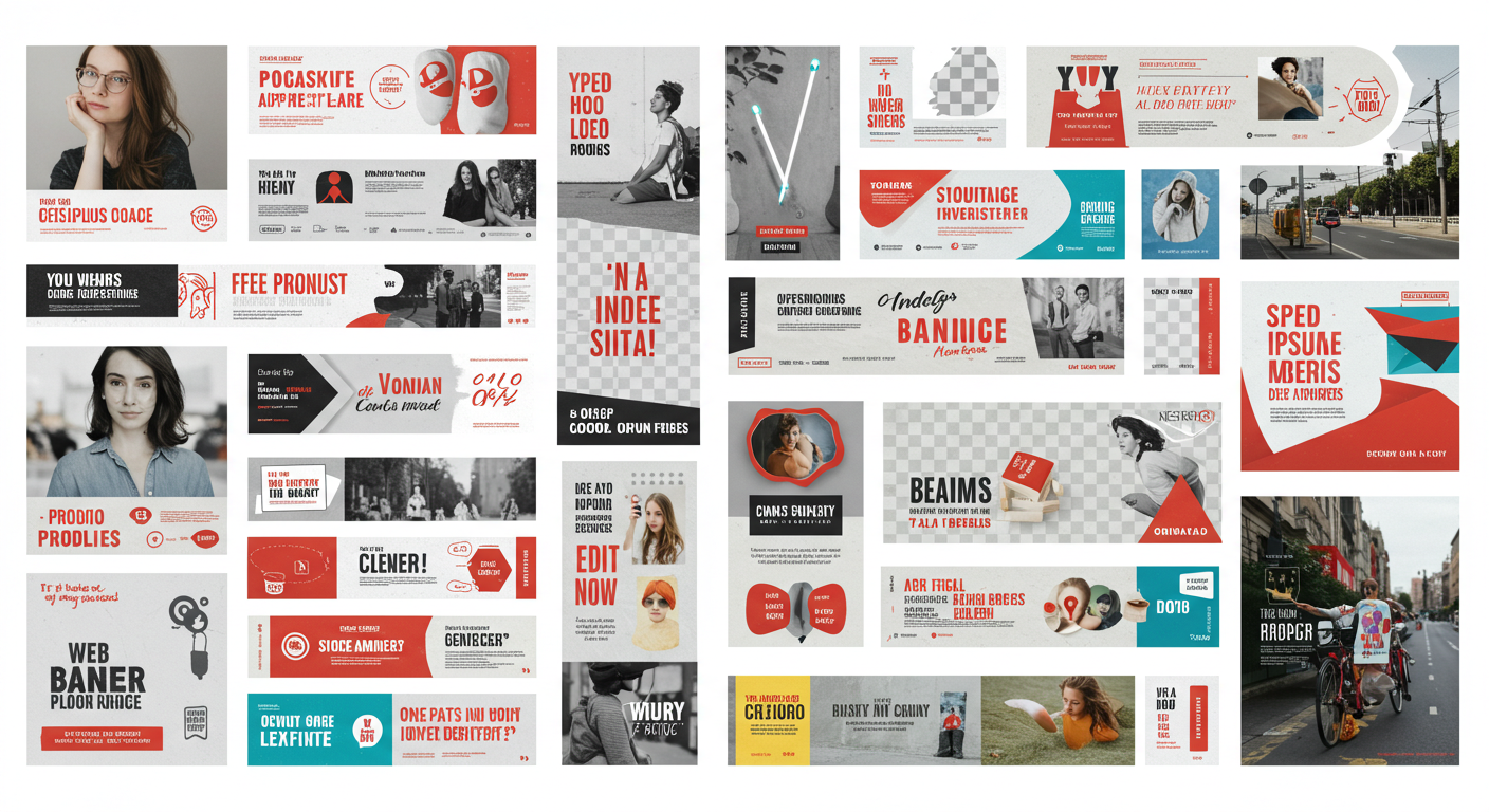 様々なサイズとデザインのウェブバナー広告のコラージュ (推奨サイズ: 幅1200px以上)