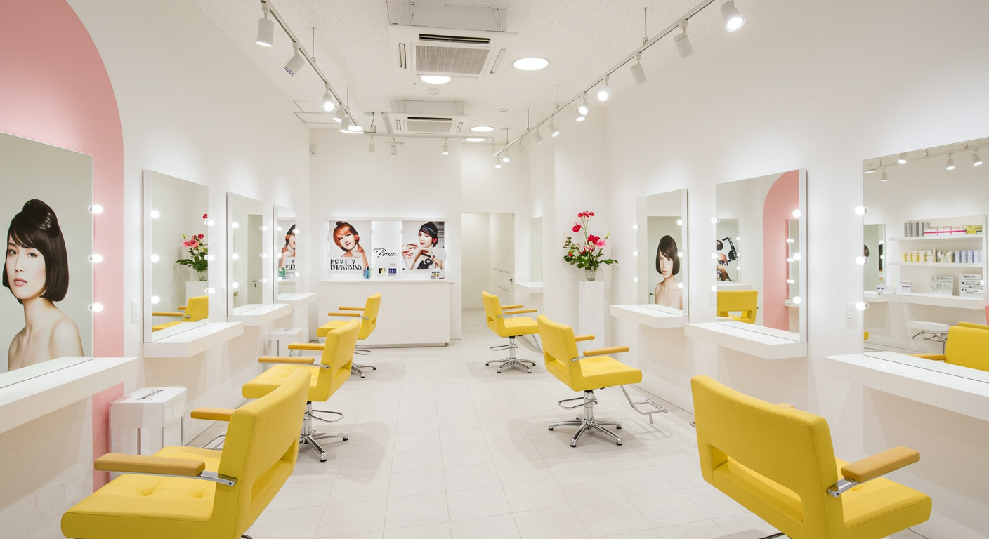 おしゃれな美容室の内装やスタイリング事例 (推奨サイズ: 幅1400px以上, アスペクト比16:9)