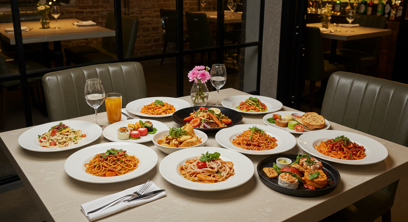 美味しそうな料理が並ぶテーブルや活気のある飲食店のイメージ (推奨サイズ: 幅1400px以上, アスペクト比16:9)