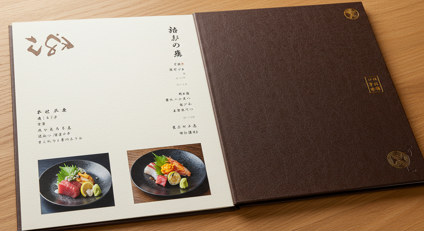 和食処「雅」様の高級感あるメニューブック (推奨サイズ: 幅800px以上, アスペクト比4:3)