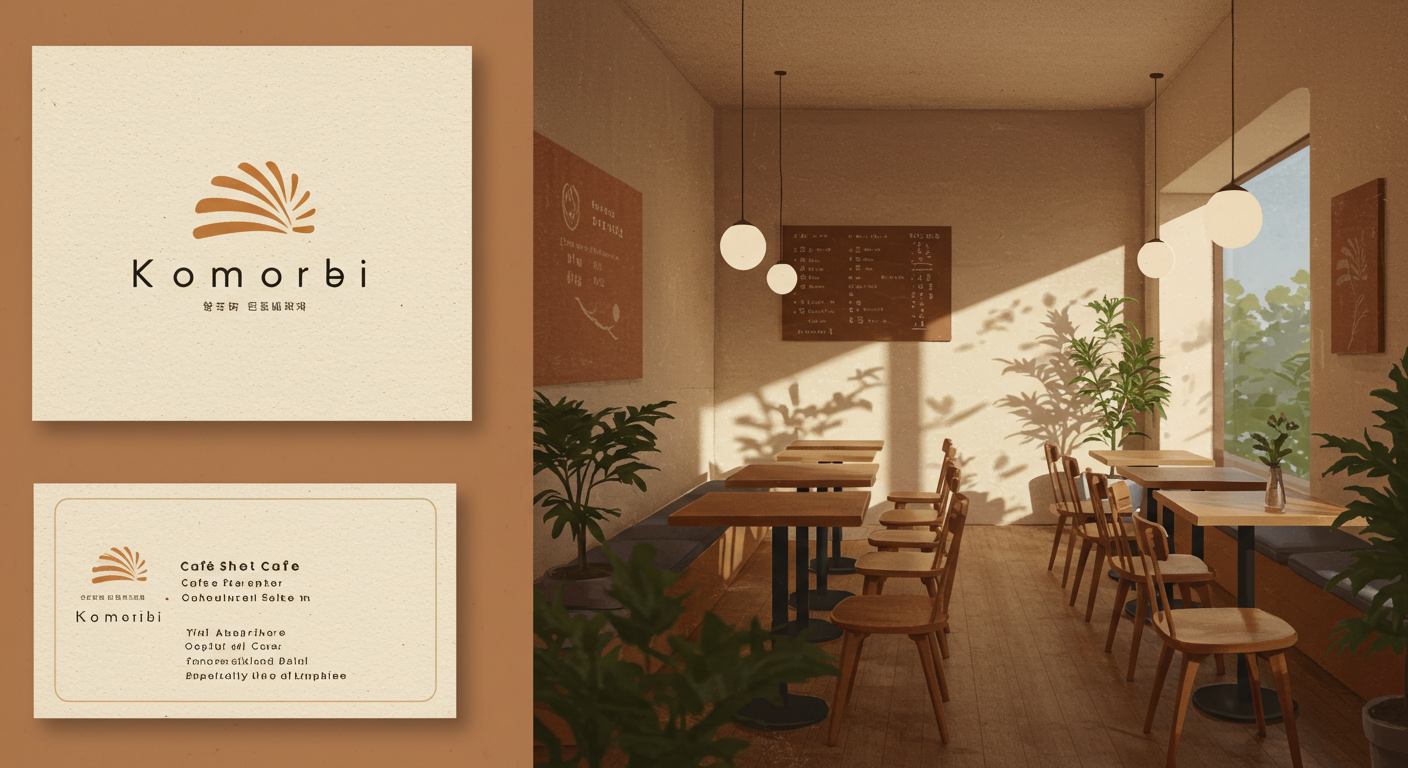 カフェ「こもれび」様のロゴとショップカード、店内の雰囲気 (推奨サイズ: 幅1200px以上)