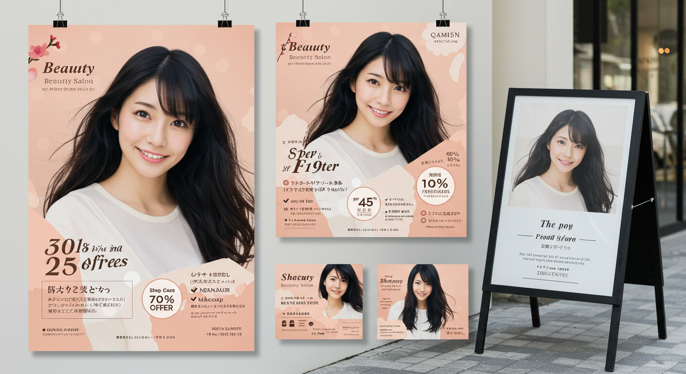 美容室のチラシやショップカード、看板などの販促ツール (推奨サイズ: 幅1000px以上, アスペクト比4:3)