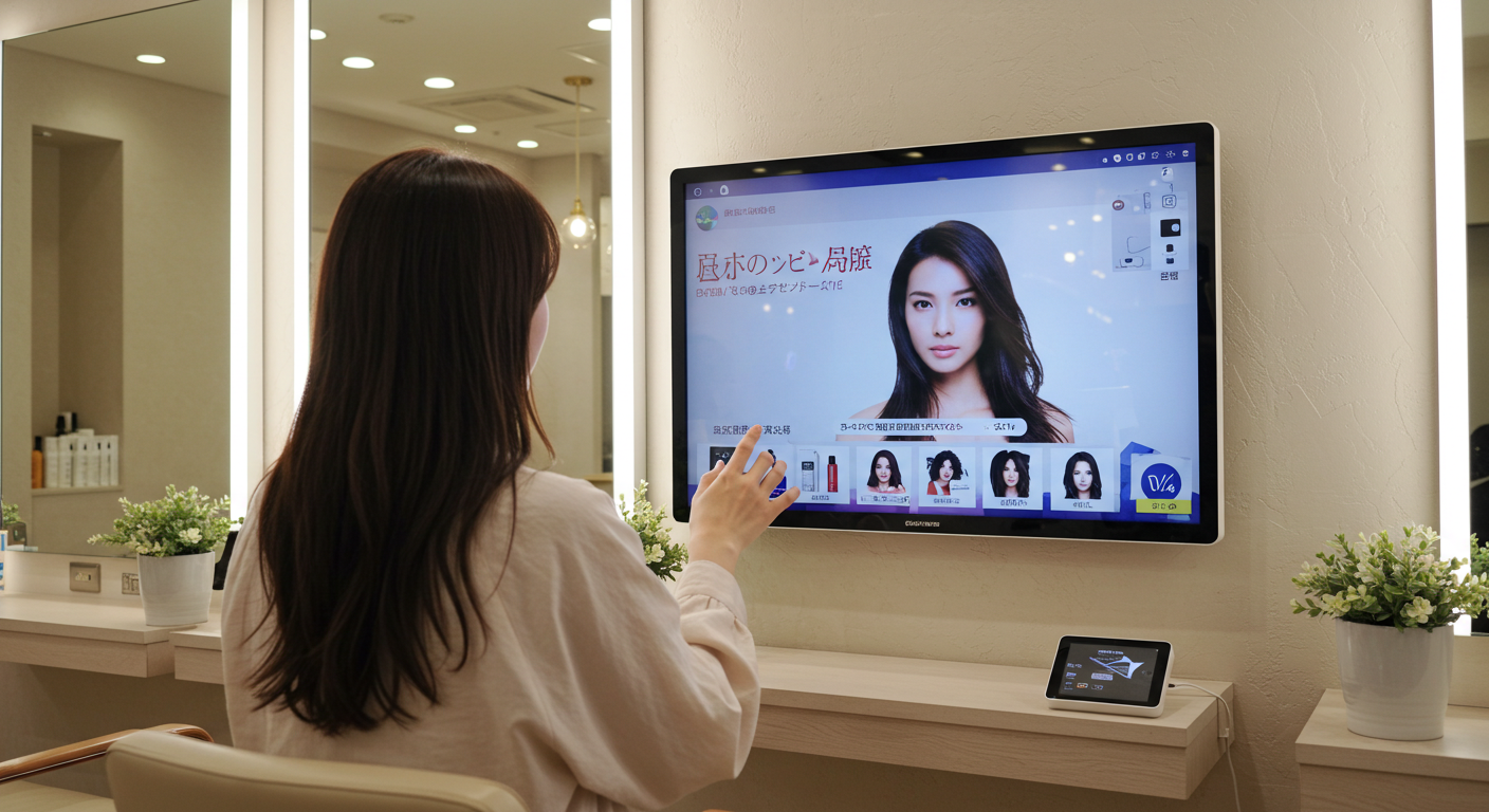 美容室内のデジタルサイネージや動画コンテンツのイメージ (推奨サイズ: 幅1000px以上, アスペクト比4:3)