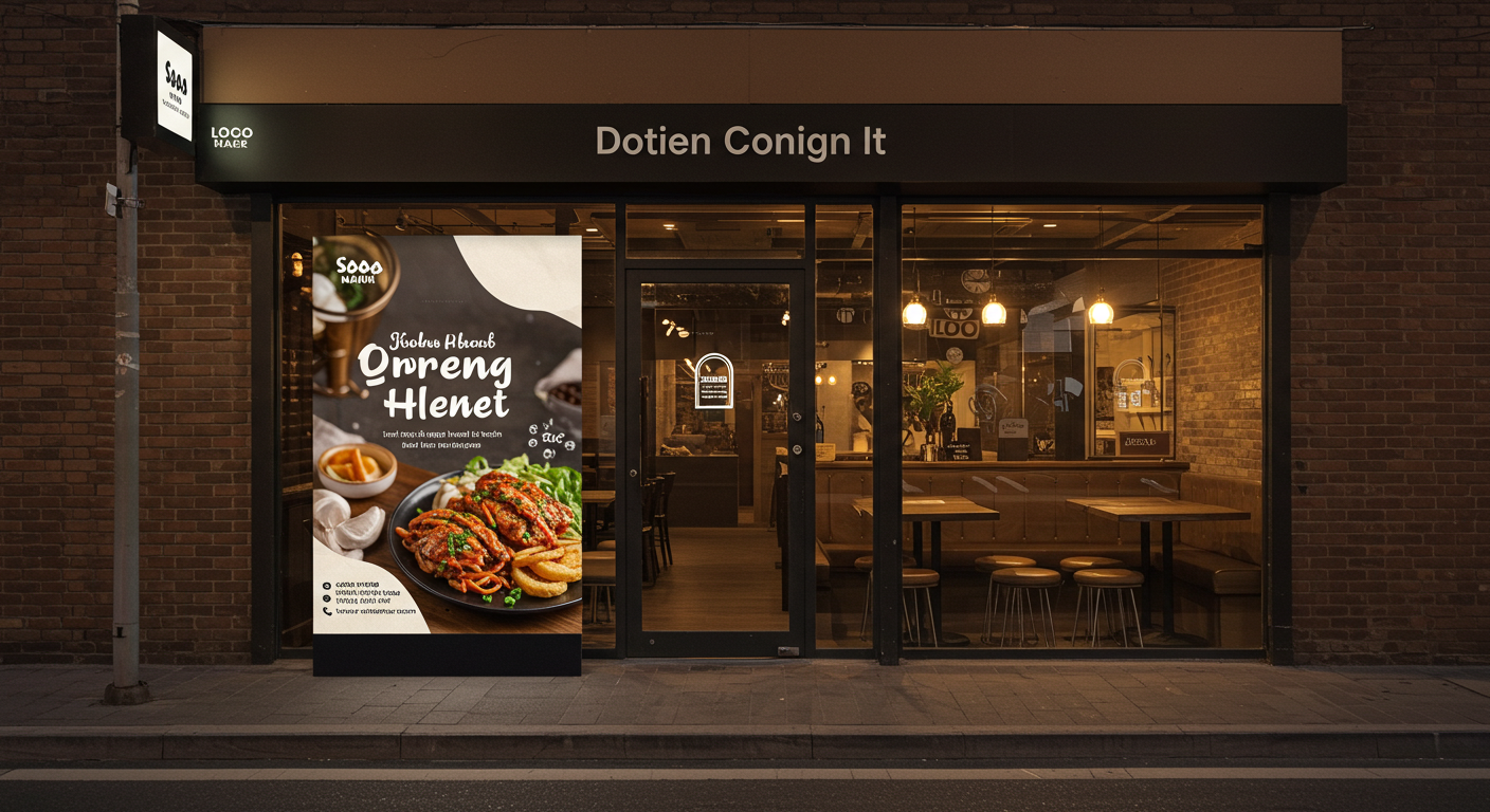 飲食店の店頭に設置された魅力的なポスターと看板 (推奨サイズ: 幅1000px以上, アスペクト比4:3)