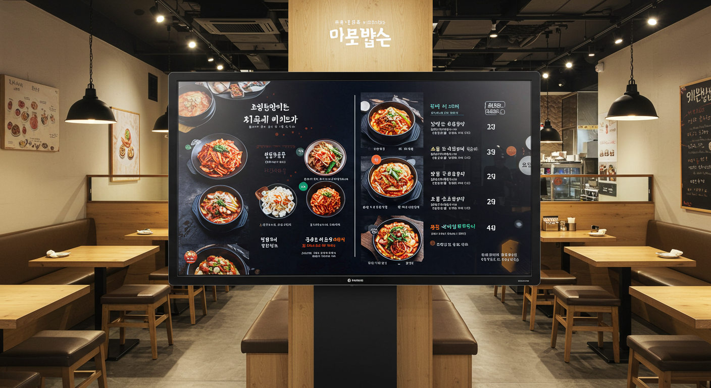 飲食店内でメニューを表示するデジタルサイネージ (推奨サイズ: 幅1000px以上, アスペクト比4:3)
