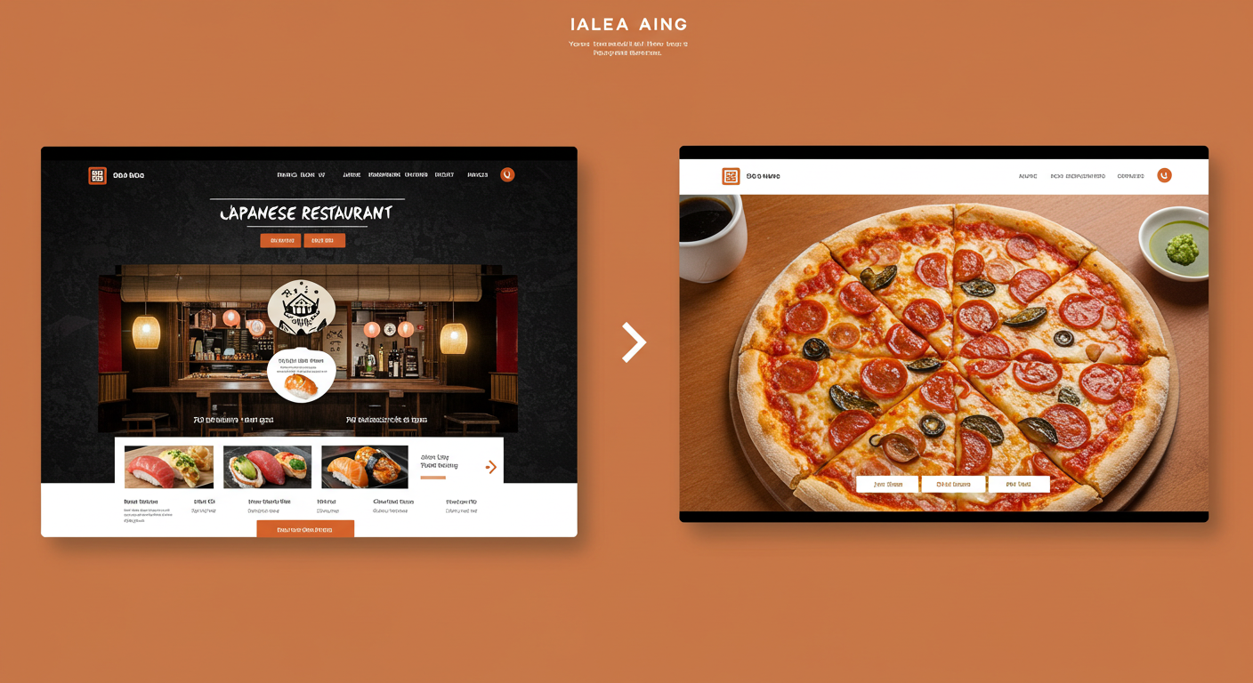 飲食店のウェブサイトデザイン例 (推奨サイズ: 幅1000px以上, アスペクト比4:3)