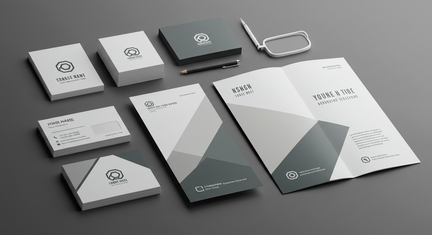 中小企業のロゴ、名刺、会社案内パンフレットなどのブランディング展開イメージ (推奨サイズ: 幅1200px以上)